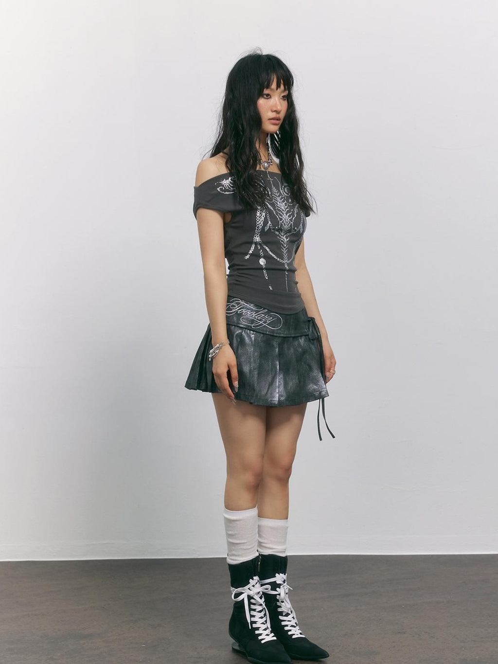 TOOOLAZY Vintage Silvered Distressed Pleated High Waist Tie Women's Cotton Mini Skirts