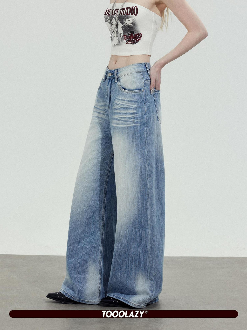TOOOLAZY Washed Blue Wave High Waist Straight Women's Cotton Wide-leg Jeans