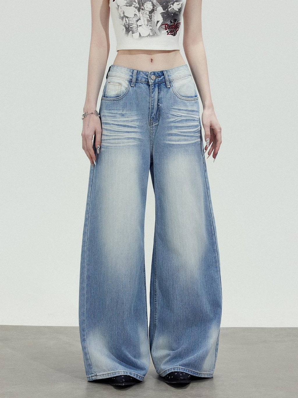 TOOOLAZY Washed Blue Wave High Waist Straight Women's Cotton Wide-leg Jeans