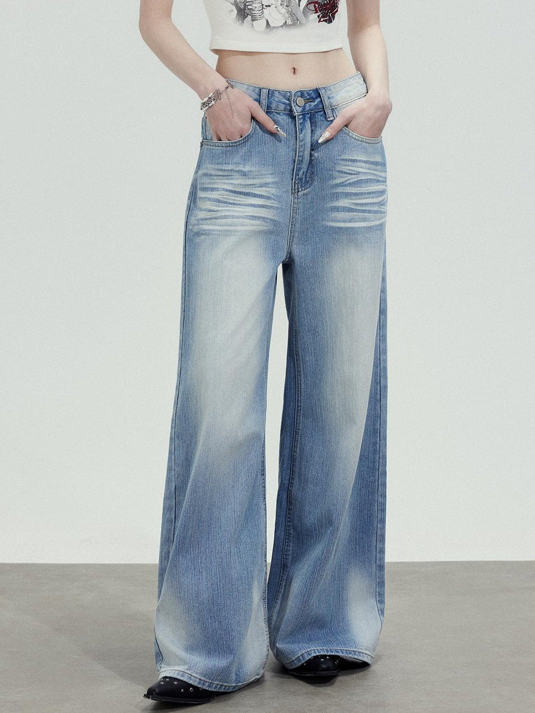 TOOOLAZY Washed Blue Wave High Waist Straight Women's Cotton Wide-leg Jeans