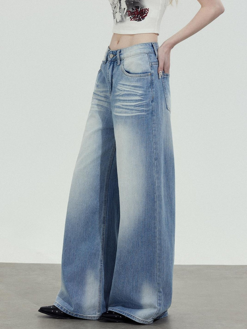 TOOOLAZY Washed Blue Wave High Waist Straight Women's Cotton Wide-leg Jeans