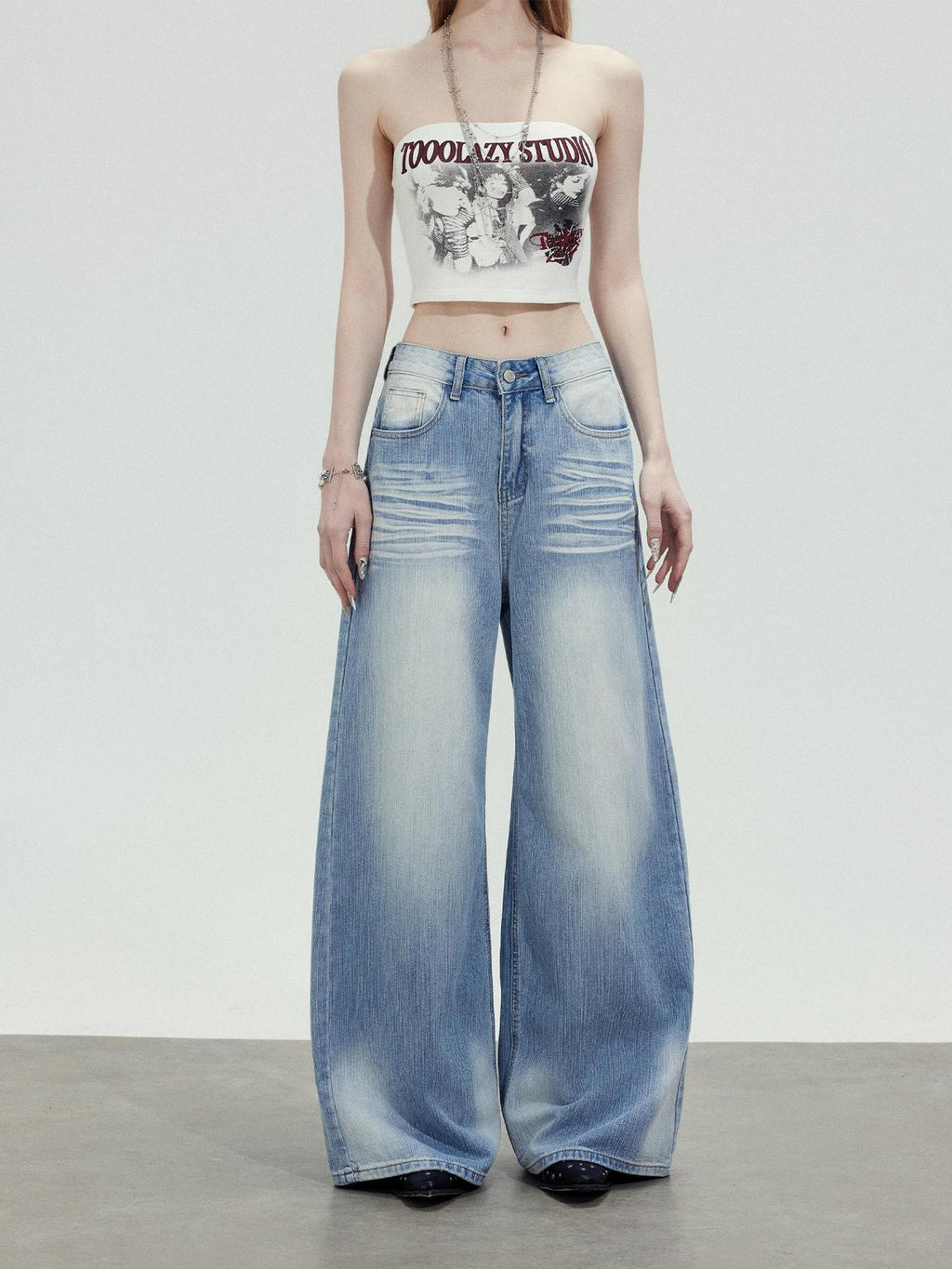 TOOOLAZY Washed Blue Wave High Waist Straight Women's Cotton Wide-leg Jeans
