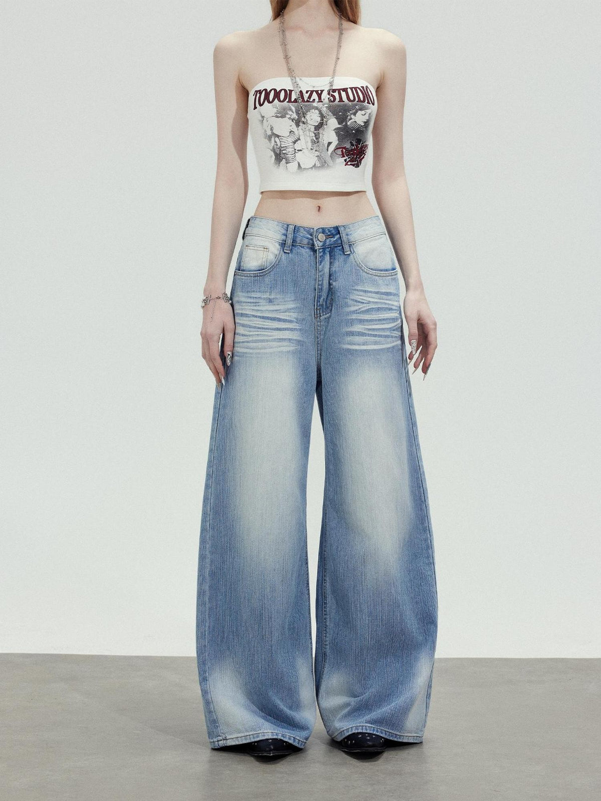 TOOOLAZY Washed Blue Wave High Waist Straight Women's Cotton Wide-leg Jeans