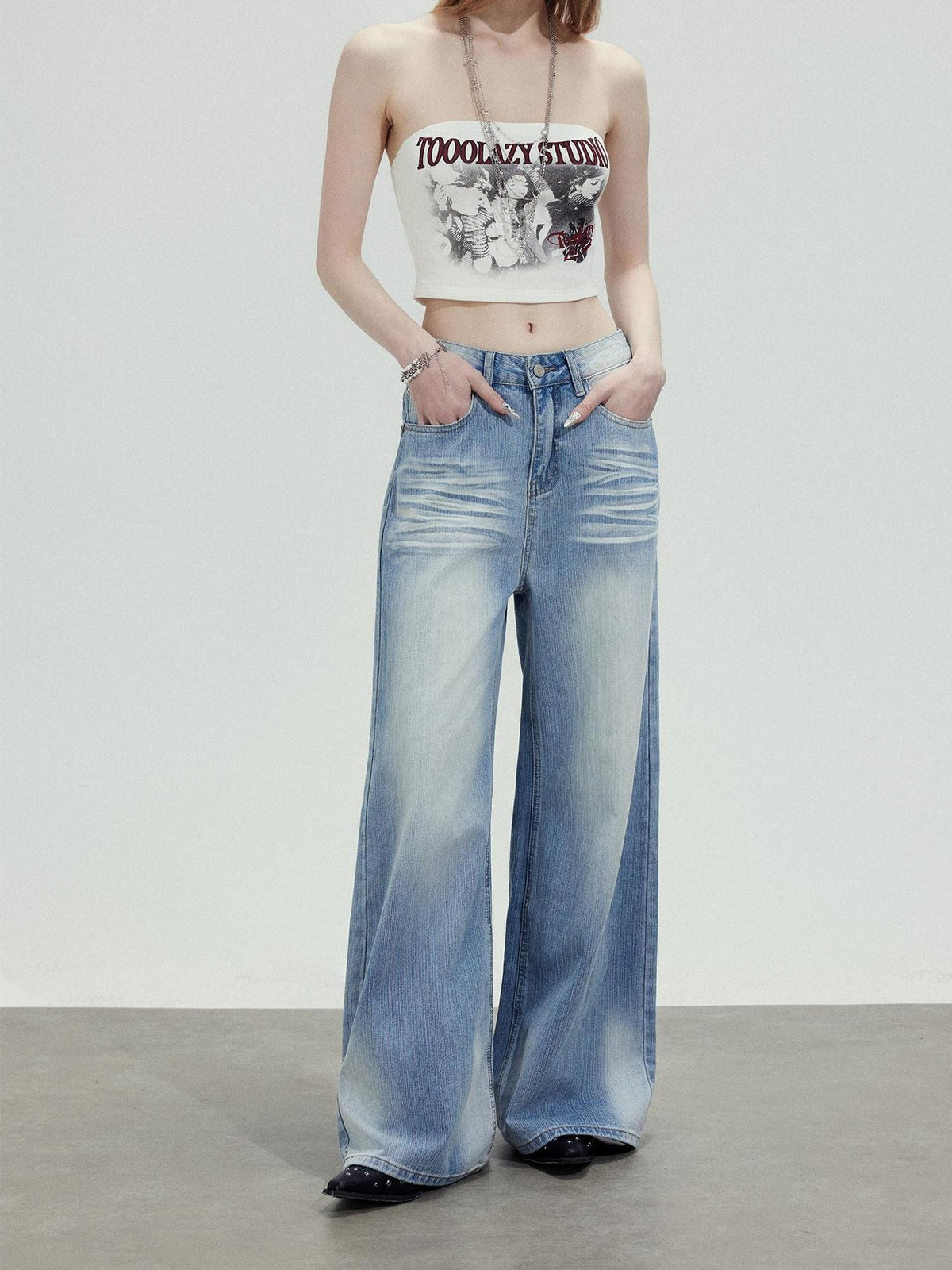 TOOOLAZY Washed Blue Wave High Waist Straight Women's Cotton Wide-leg Jeans