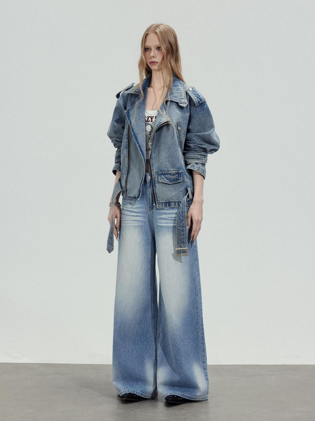 TOOOLAZY Washed Blue Wave High Waist Straight Women's Cotton Wide-leg Jeans