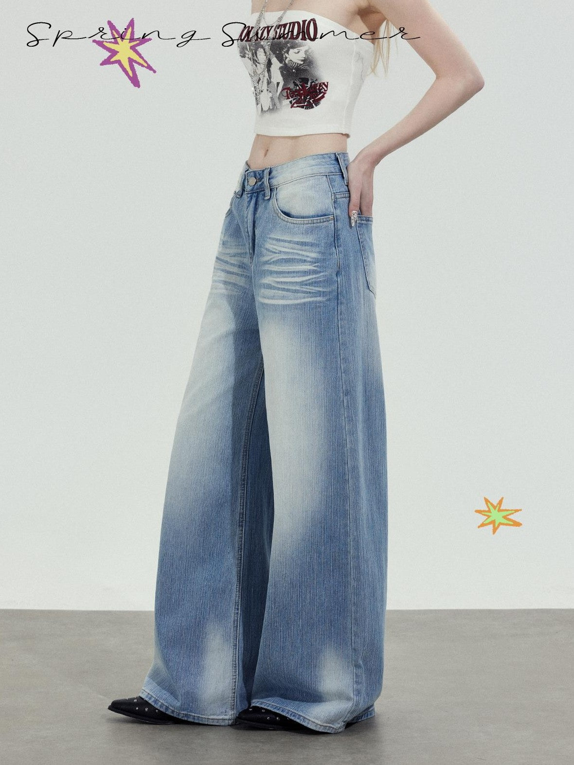 TOOOLAZY Washed Blue Wave High Waist Straight Women's Cotton Wide-leg Jeans