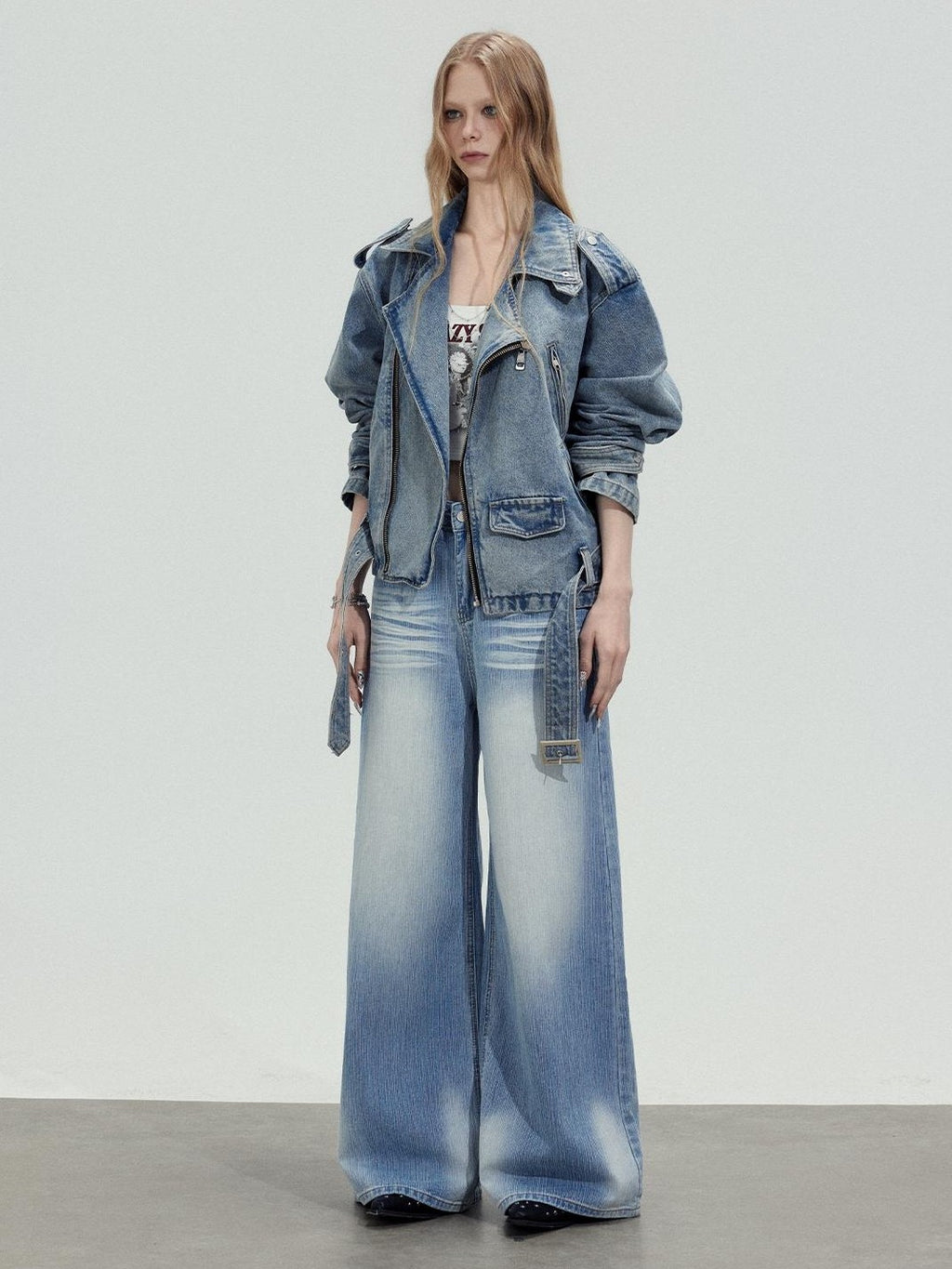 TOOOLAZY Washed Blue Wave High Waist Straight Women's Cotton Wide-leg Jeans