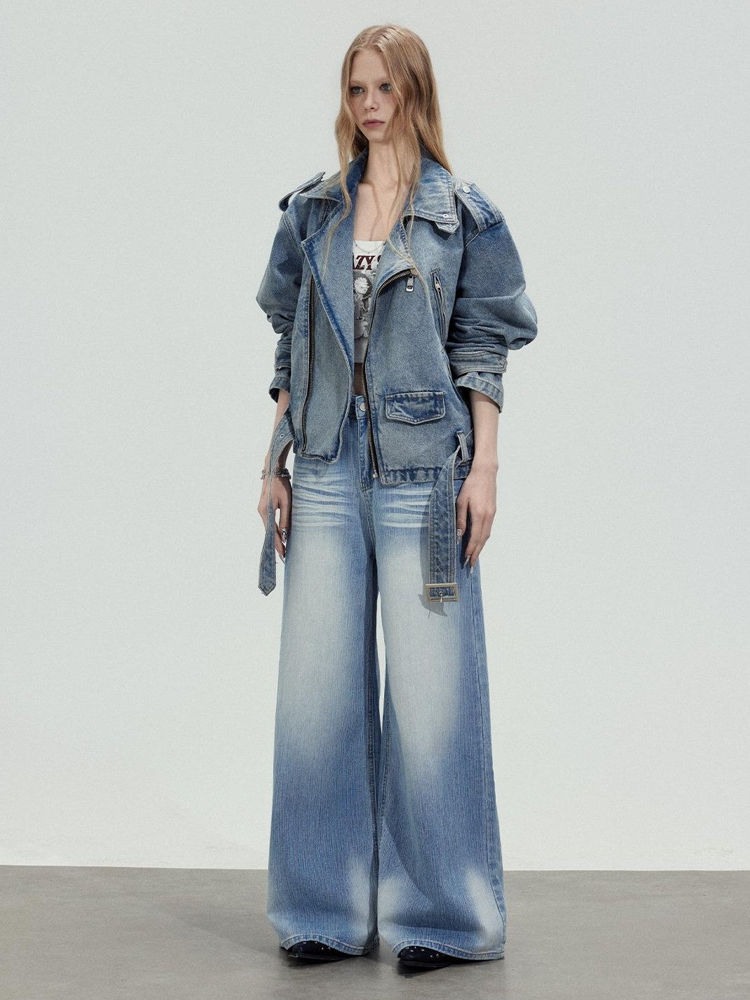 TOOOLAZY Washed Blue Wave High Waist Straight Women's Cotton Wide-leg Jeans