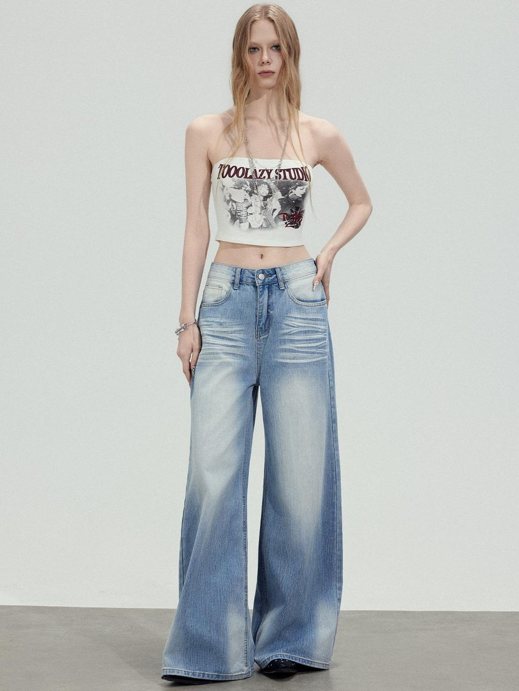 TOOOLAZY Washed Blue Wave High Waist Straight Women's Cotton Wide-leg Jeans