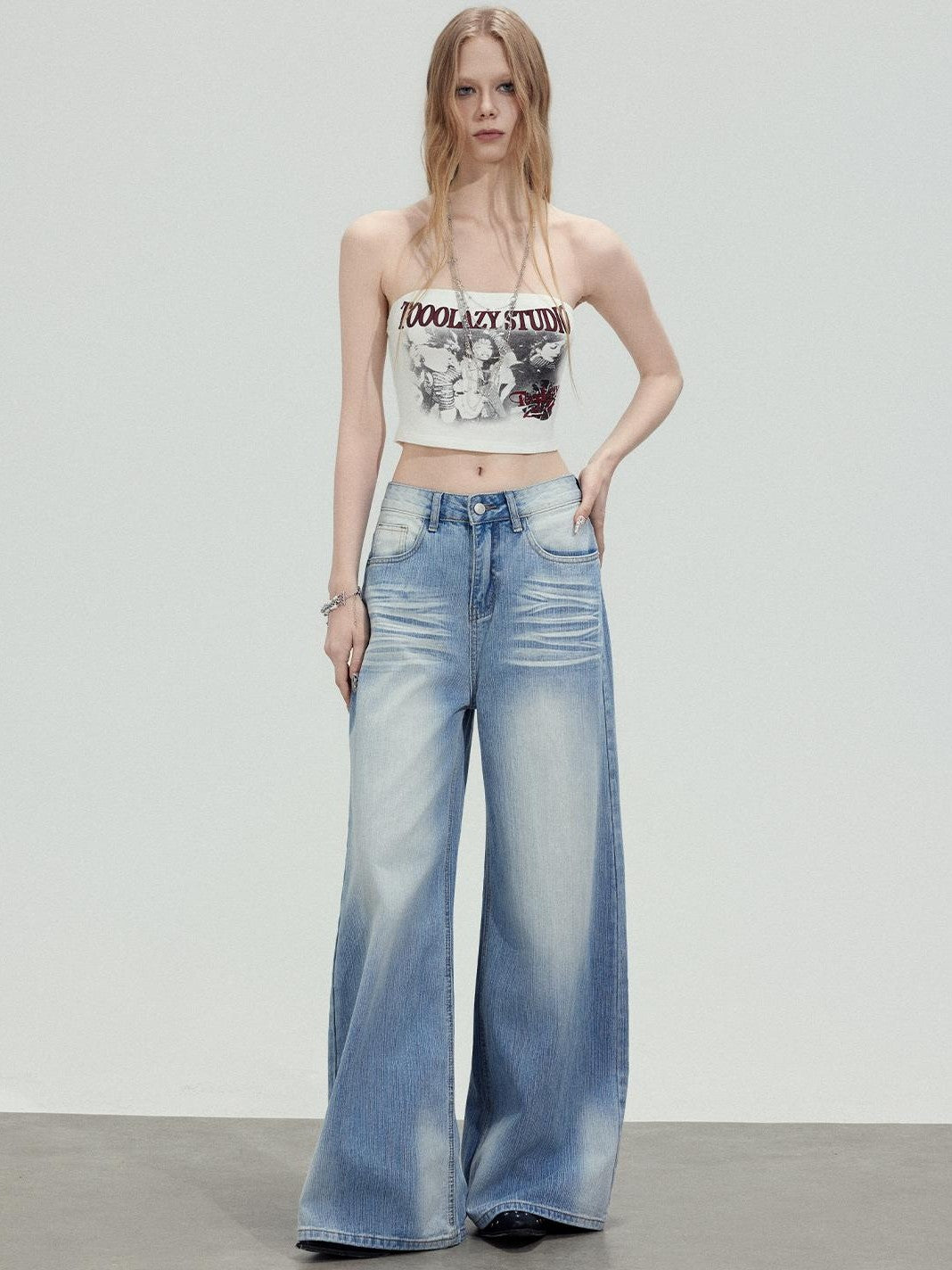TOOOLAZY Washed Blue Wave High Waist Straight Women's Cotton Wide-leg Jeans