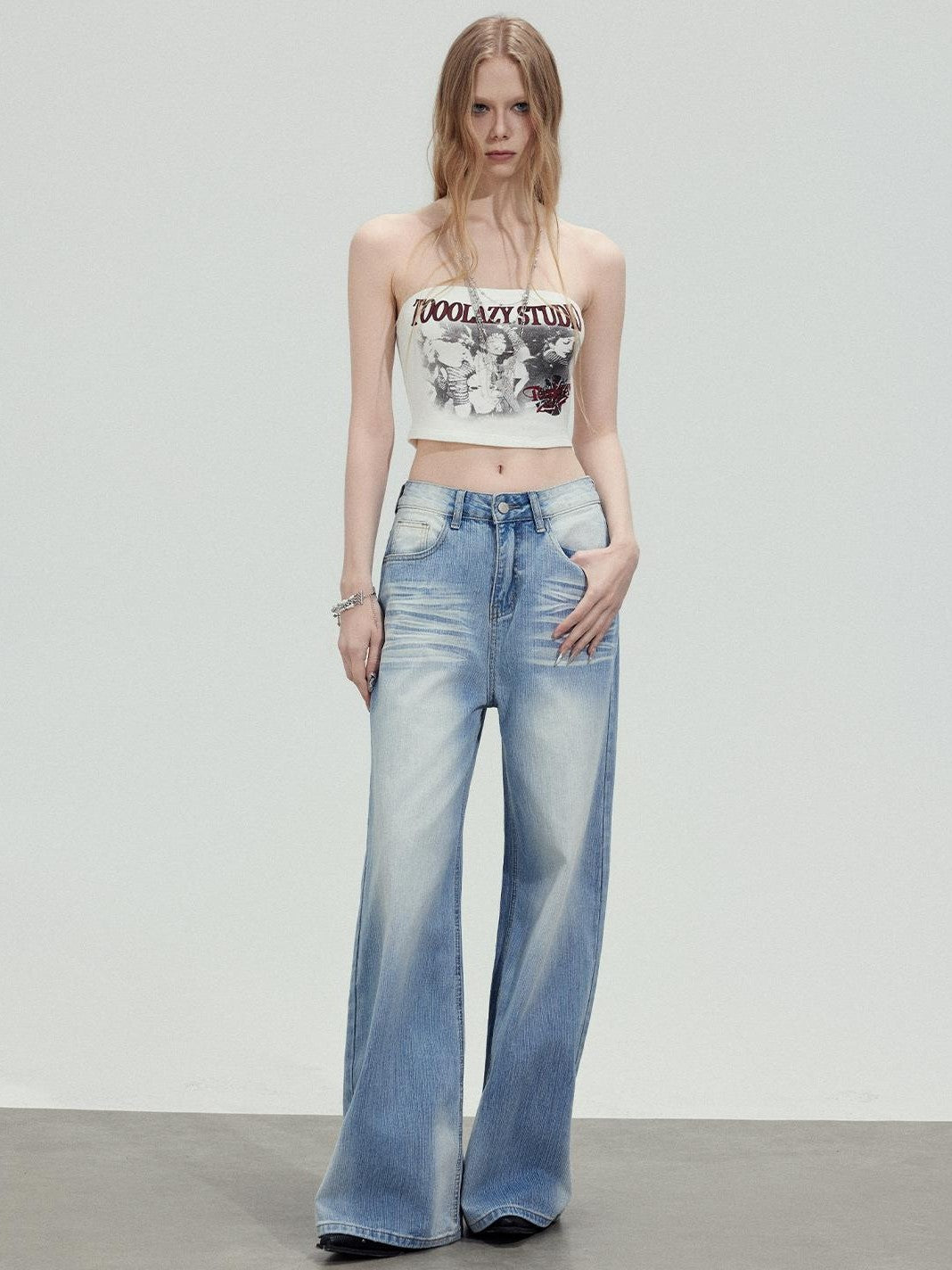TOOOLAZY Washed Blue Wave High Waist Straight Women's Cotton Wide-leg Jeans