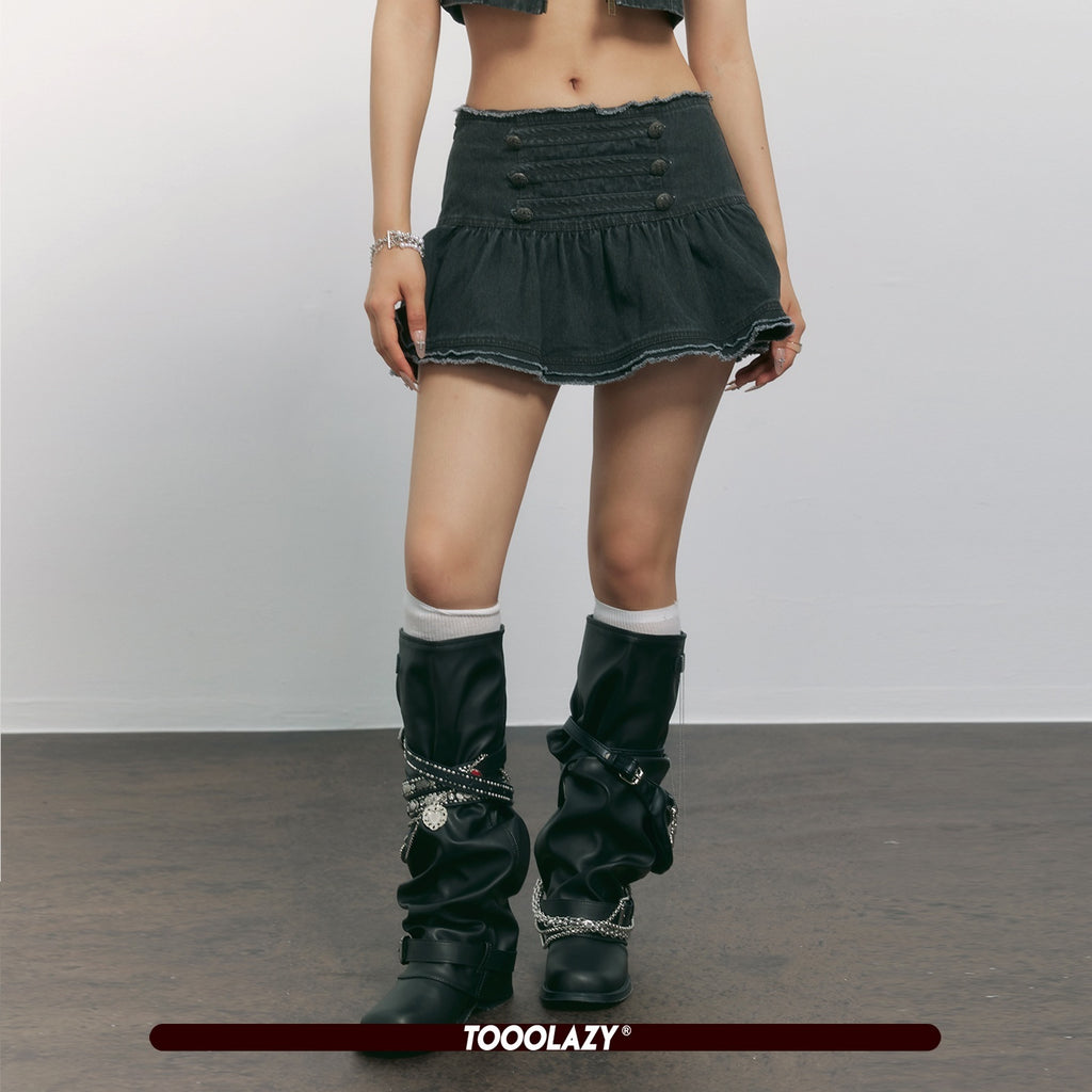 TOOOLAZY_Washed_Dark_Gray_Napoleon_Double_Button_Frayed_Pleated_Women's_Mini_Skirts_1058715896256_MISSTT
