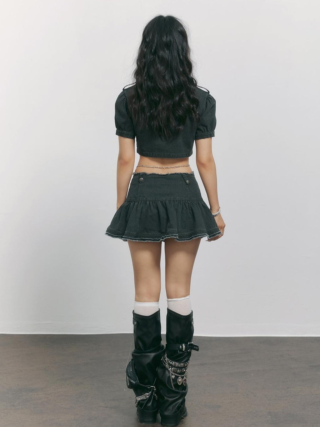 TOOOLAZY Washed Dark Gray Napoleon Double Button Frayed Pleated Women's Mini Skirts