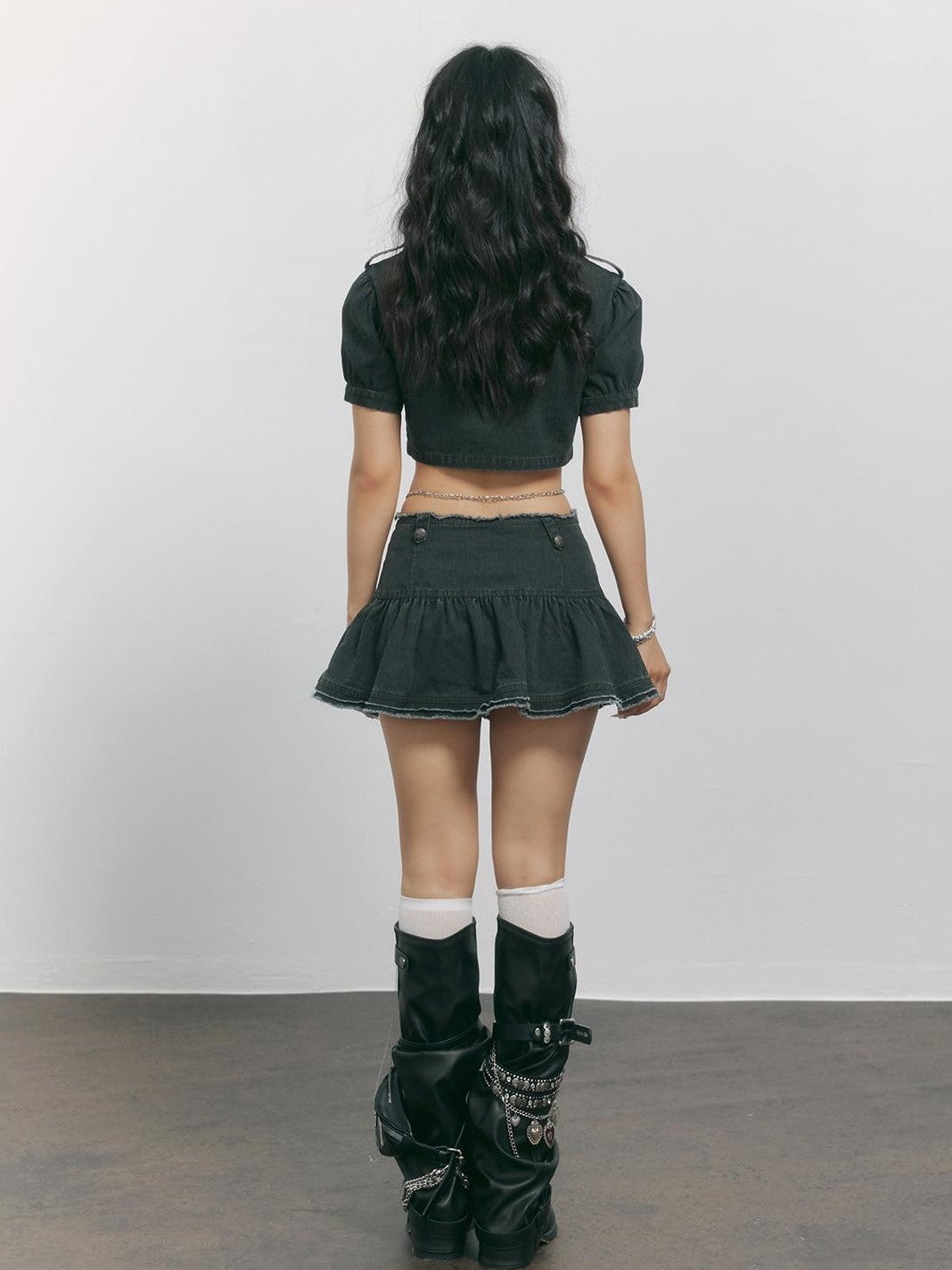 TOOOLAZY Washed Dark Gray Napoleon Double Button Frayed Pleated Women's Mini Skirts
