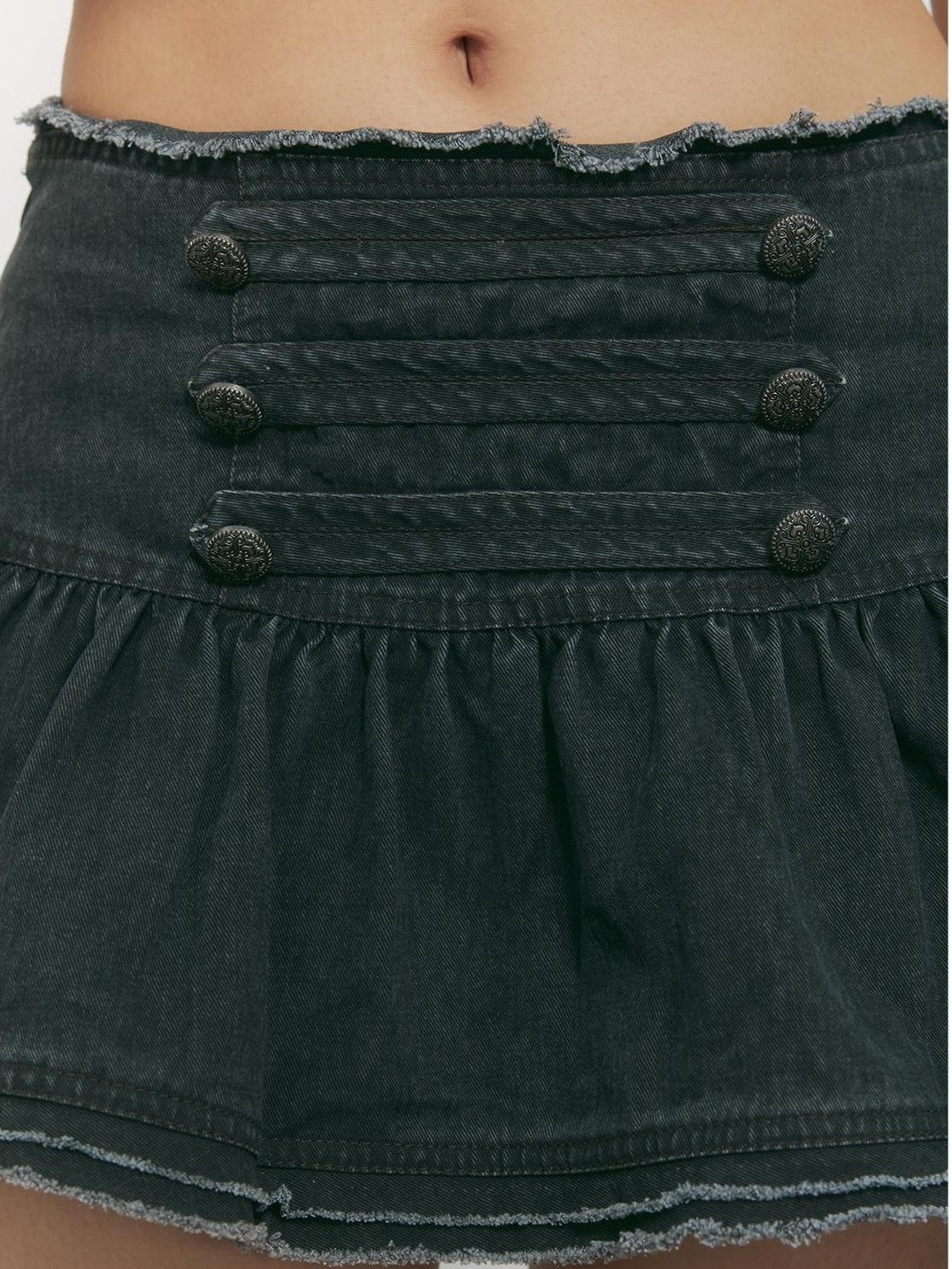 TOOOLAZY Washed Dark Gray Napoleon Double Button Frayed Pleated Women's Mini Skirts