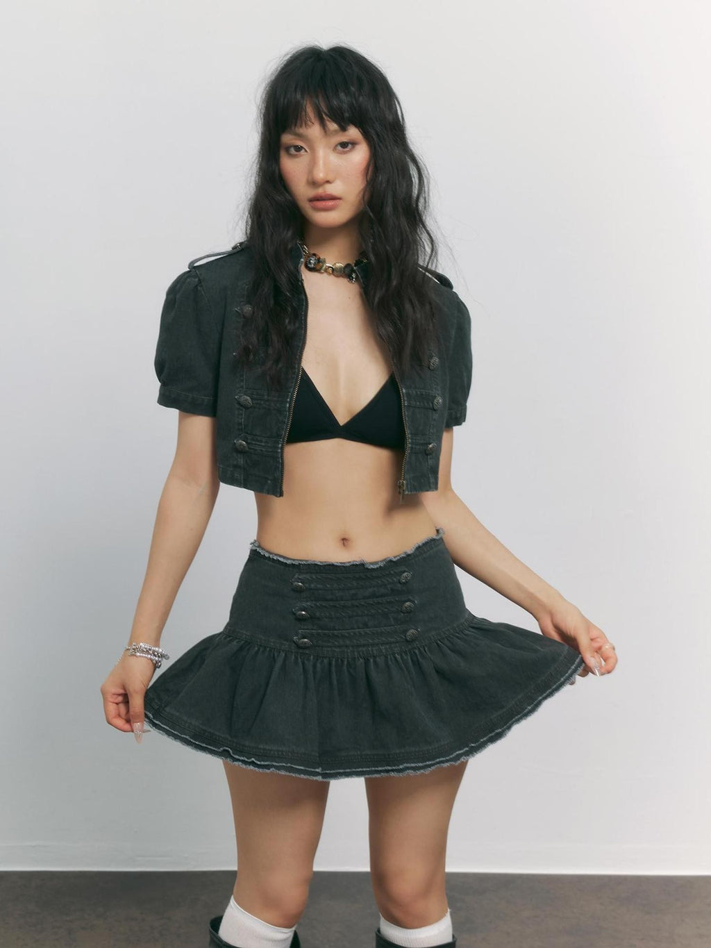 TOOOLAZY Washed Dark Gray Napoleon Double Button Frayed Pleated Women's Mini Skirts