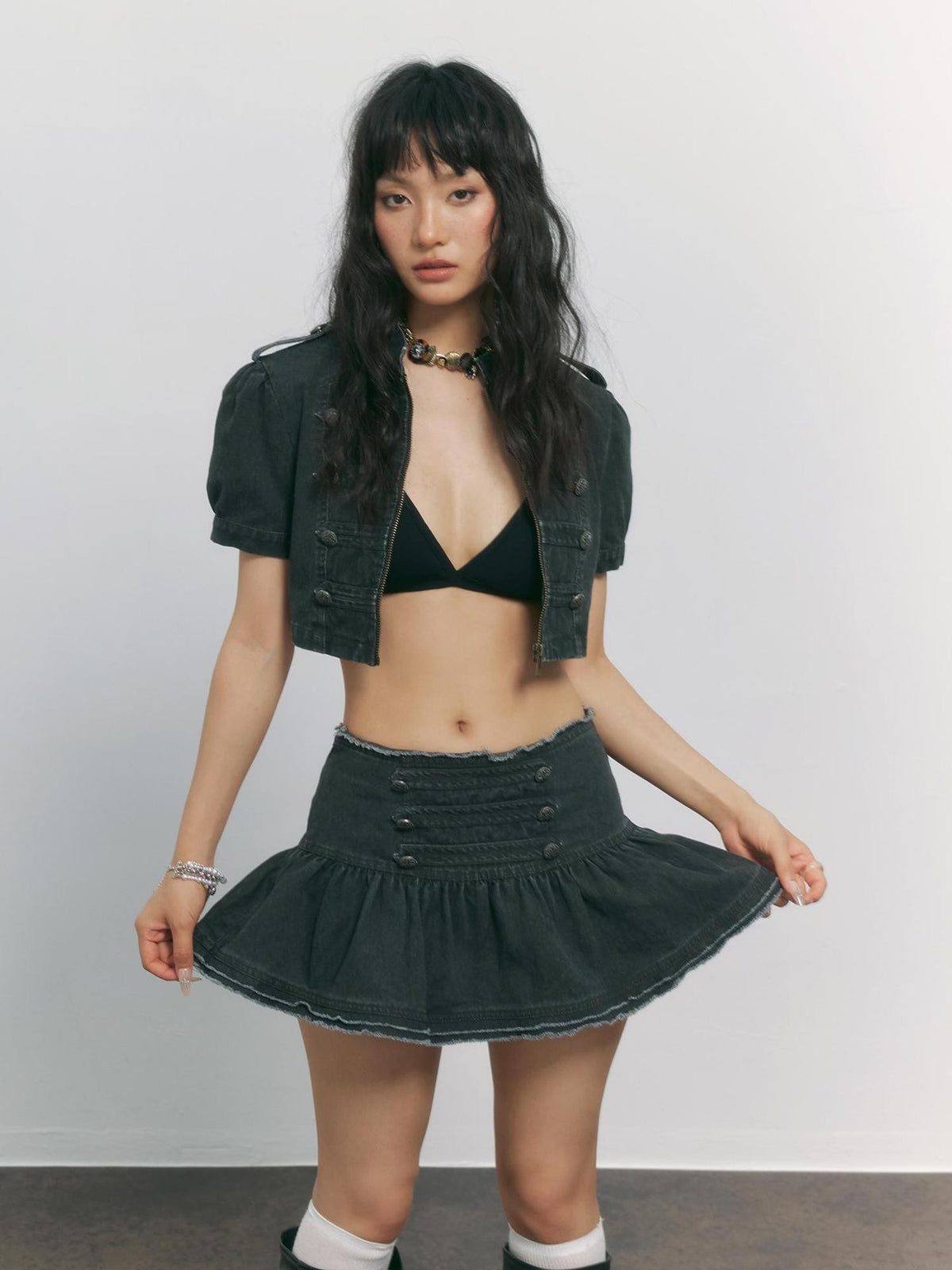 TOOOLAZY Washed Dark Gray Napoleon Double Button Frayed Pleated Women's Mini Skirts
