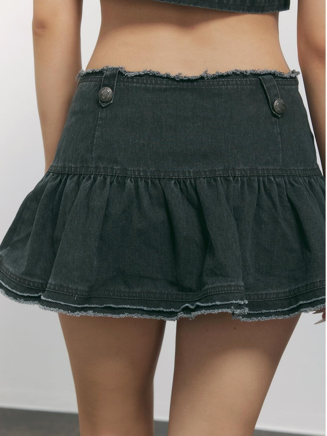 TOOOLAZY Washed Dark Gray Napoleon Double Button Frayed Pleated Women's Mini Skirts
