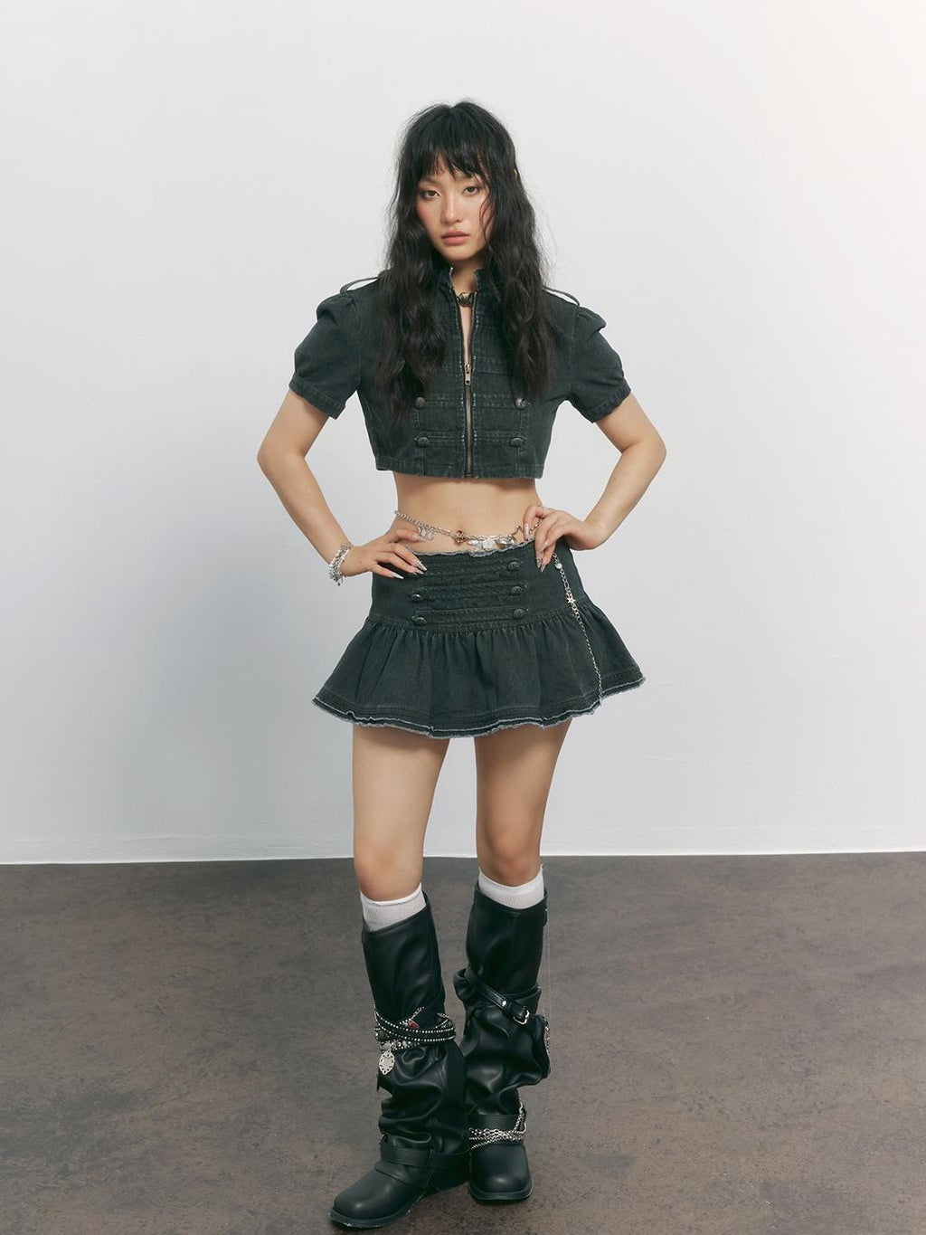 TOOOLAZY Washed Dark Gray Napoleon Double Button Frayed Pleated Women's Mini Skirts