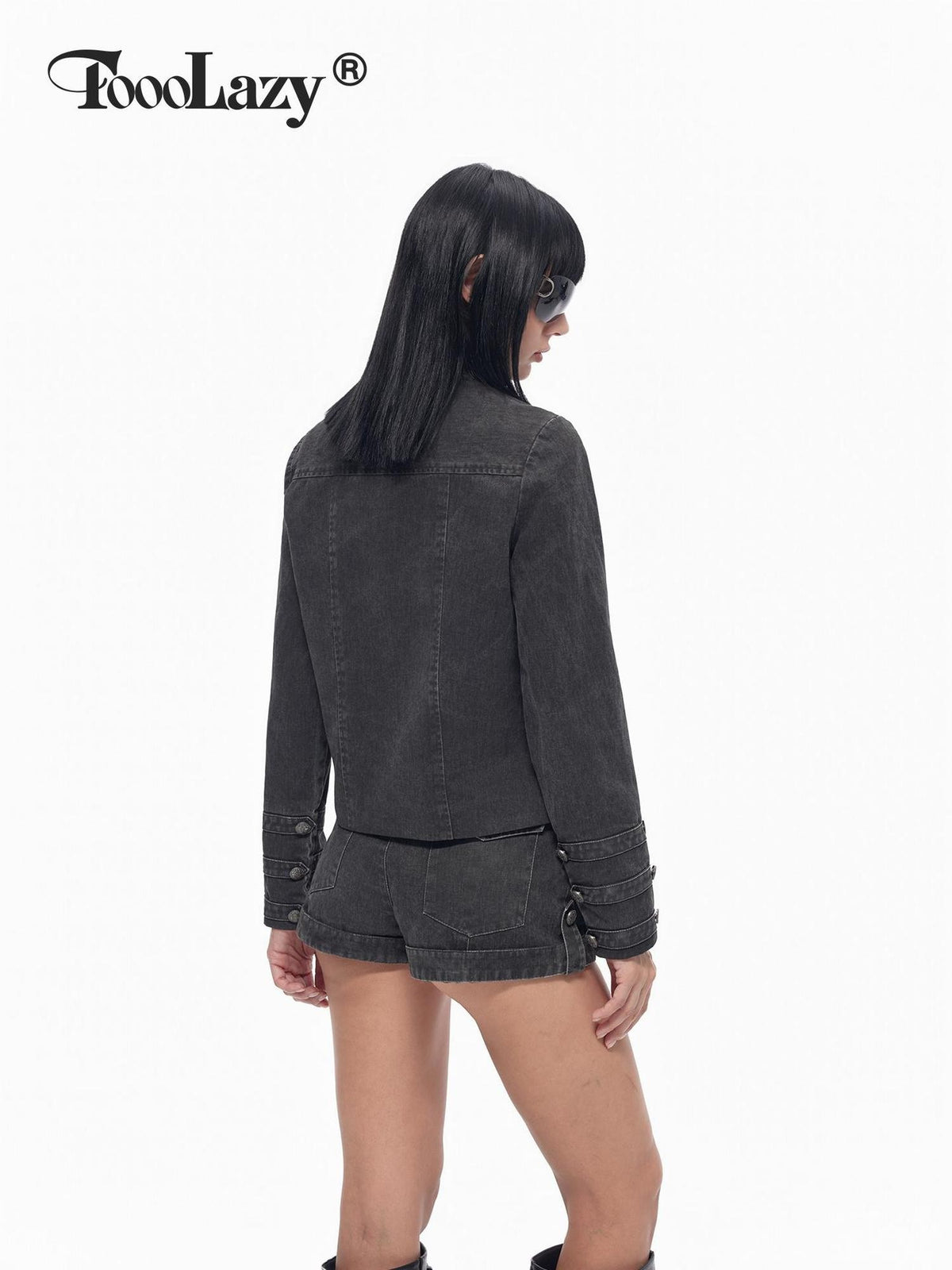 TOOOLAZY Washed Distressed Stand Collar Metal Snap Punk Cropped Women's Denim Jackets