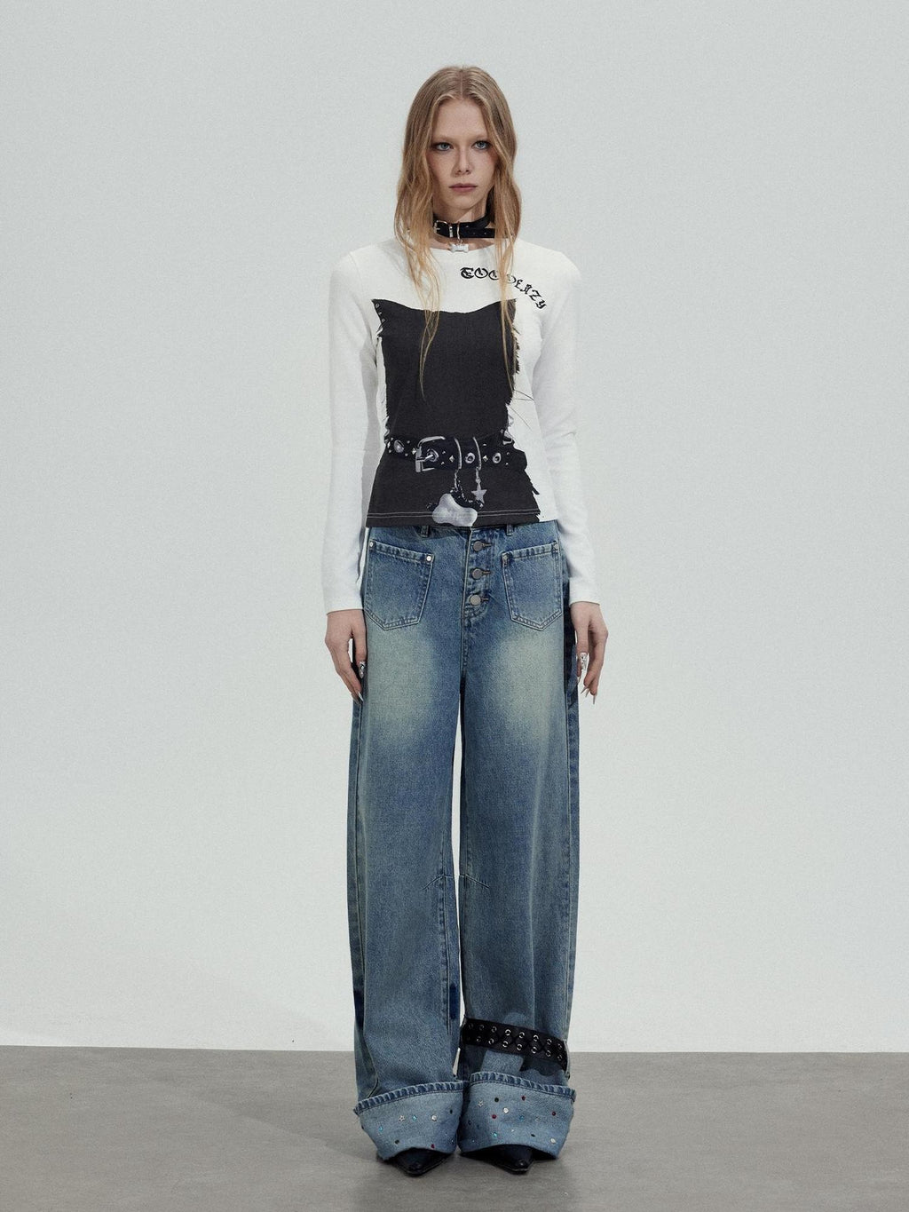 TOOOLAZY Washed Rhinestone Hem Belt Button Fly Women's Natural Waist Wide-leg Jeans