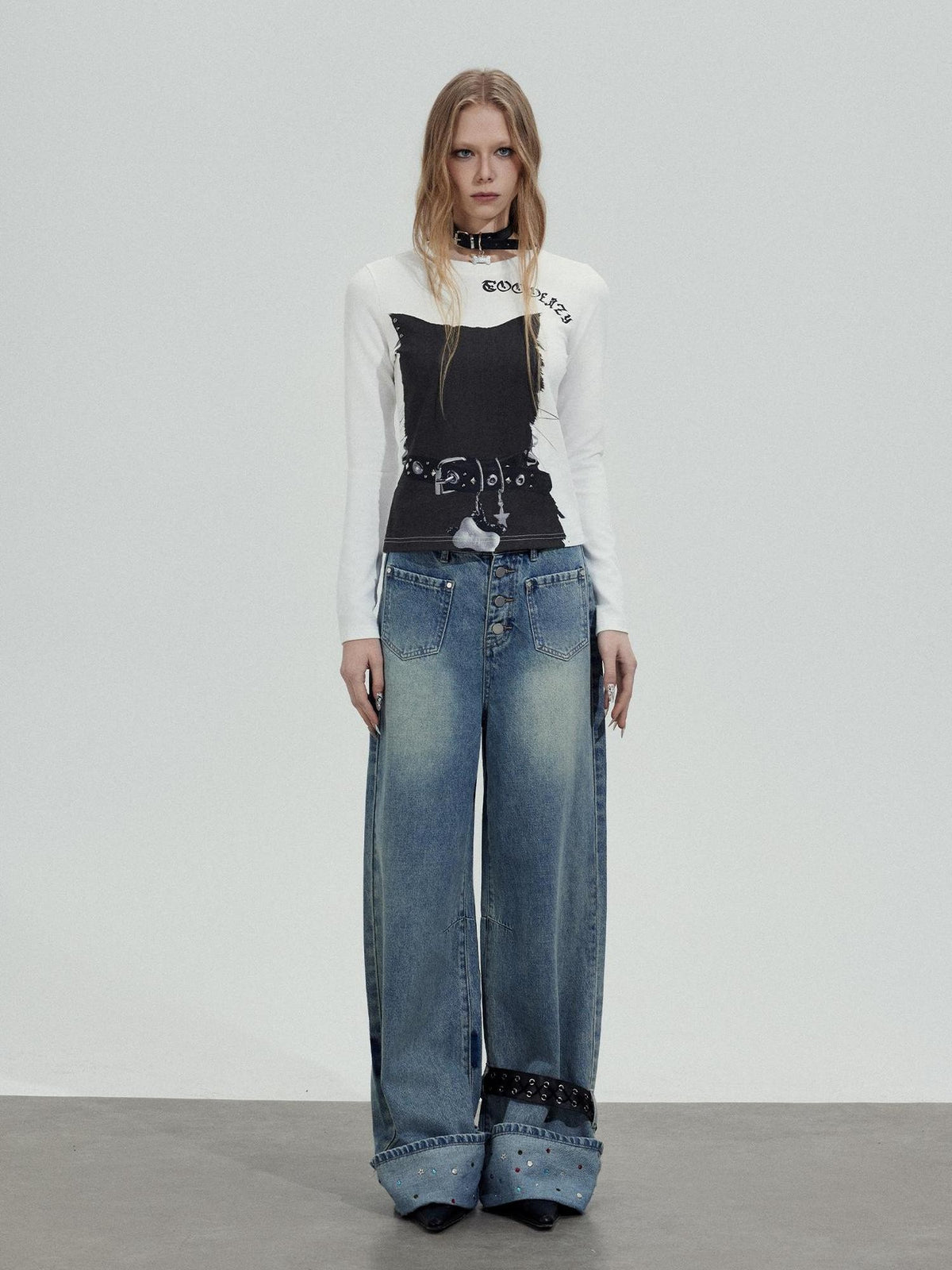 TOOOLAZY Washed Rhinestone Hem Belt Button Fly Women's Natural Waist Wide-leg Jeans