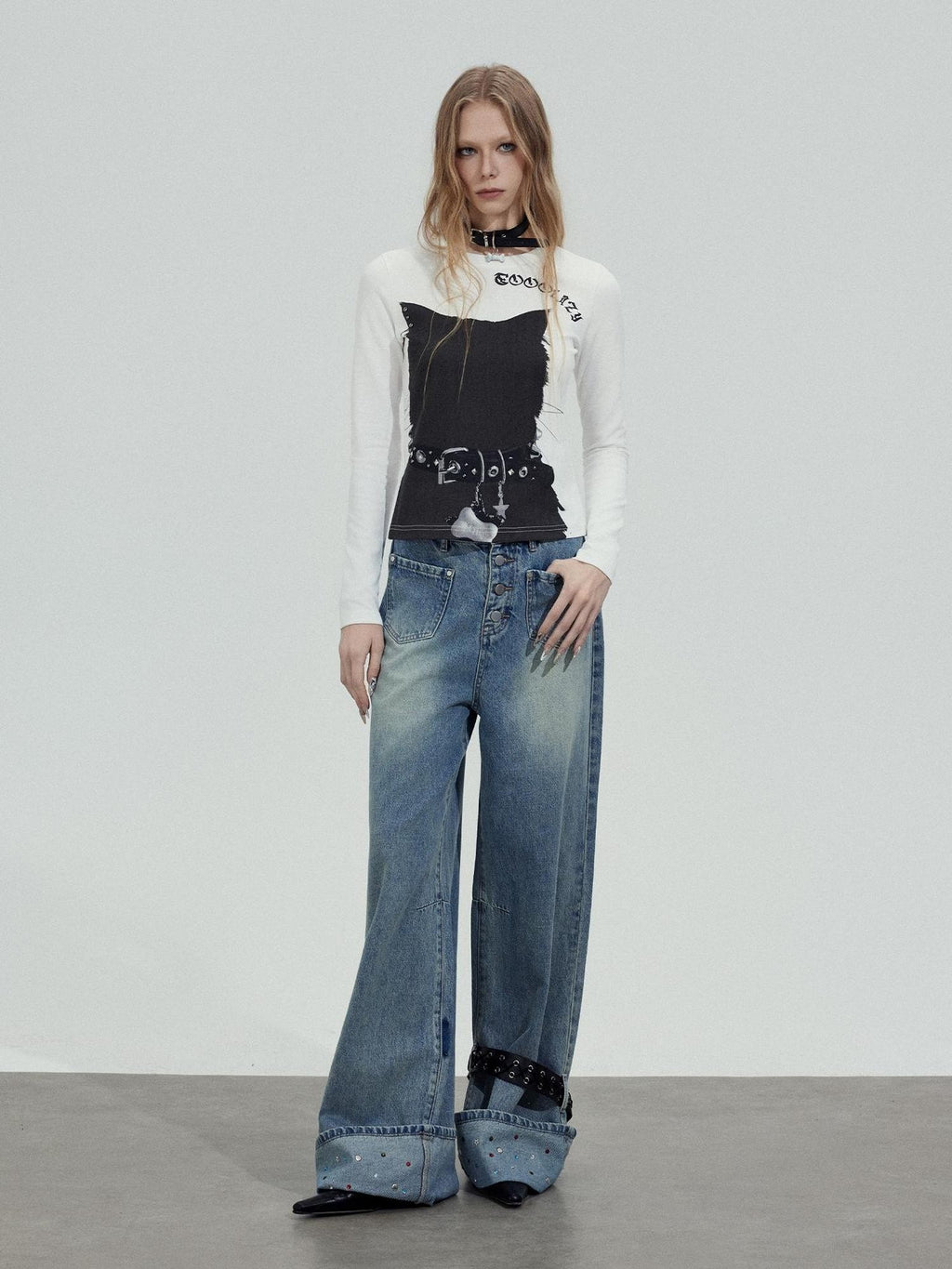 TOOOLAZY Washed Rhinestone Hem Belt Button Fly Women's Natural Waist Wide-leg Jeans