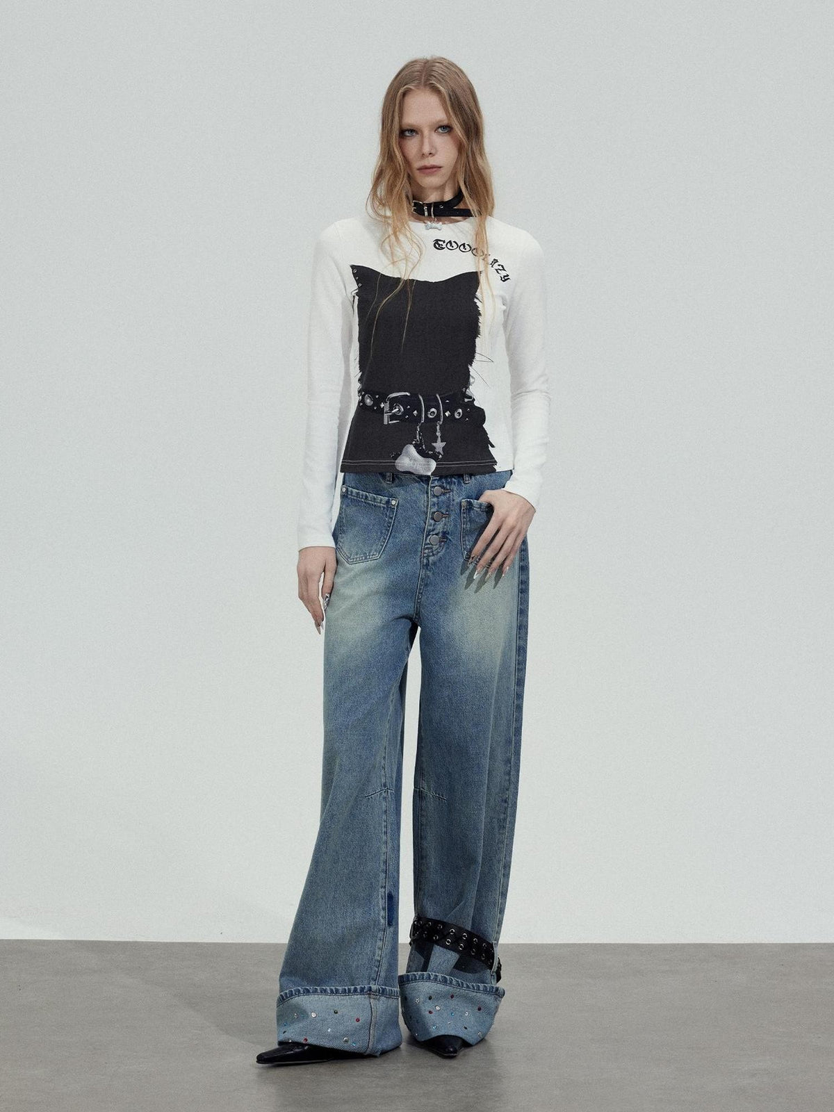 TOOOLAZY Washed Rhinestone Hem Belt Button Fly Women's Natural Waist Wide-leg Jeans