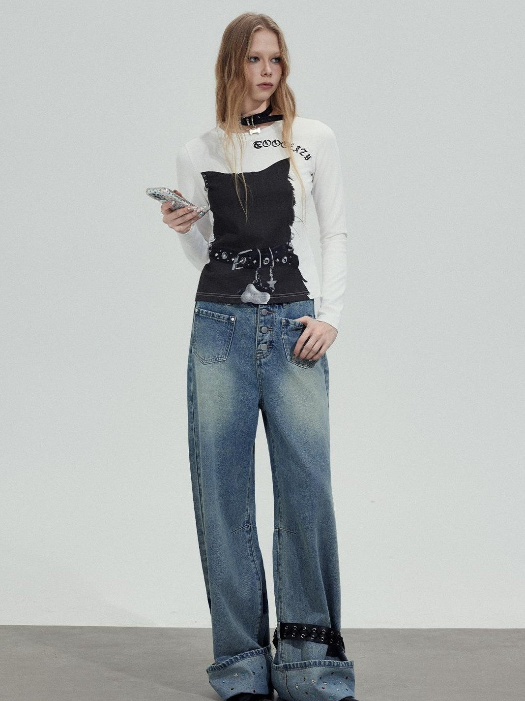 TOOOLAZY Washed Rhinestone Hem Belt Button Fly Women's Natural Waist Wide-leg Jeans