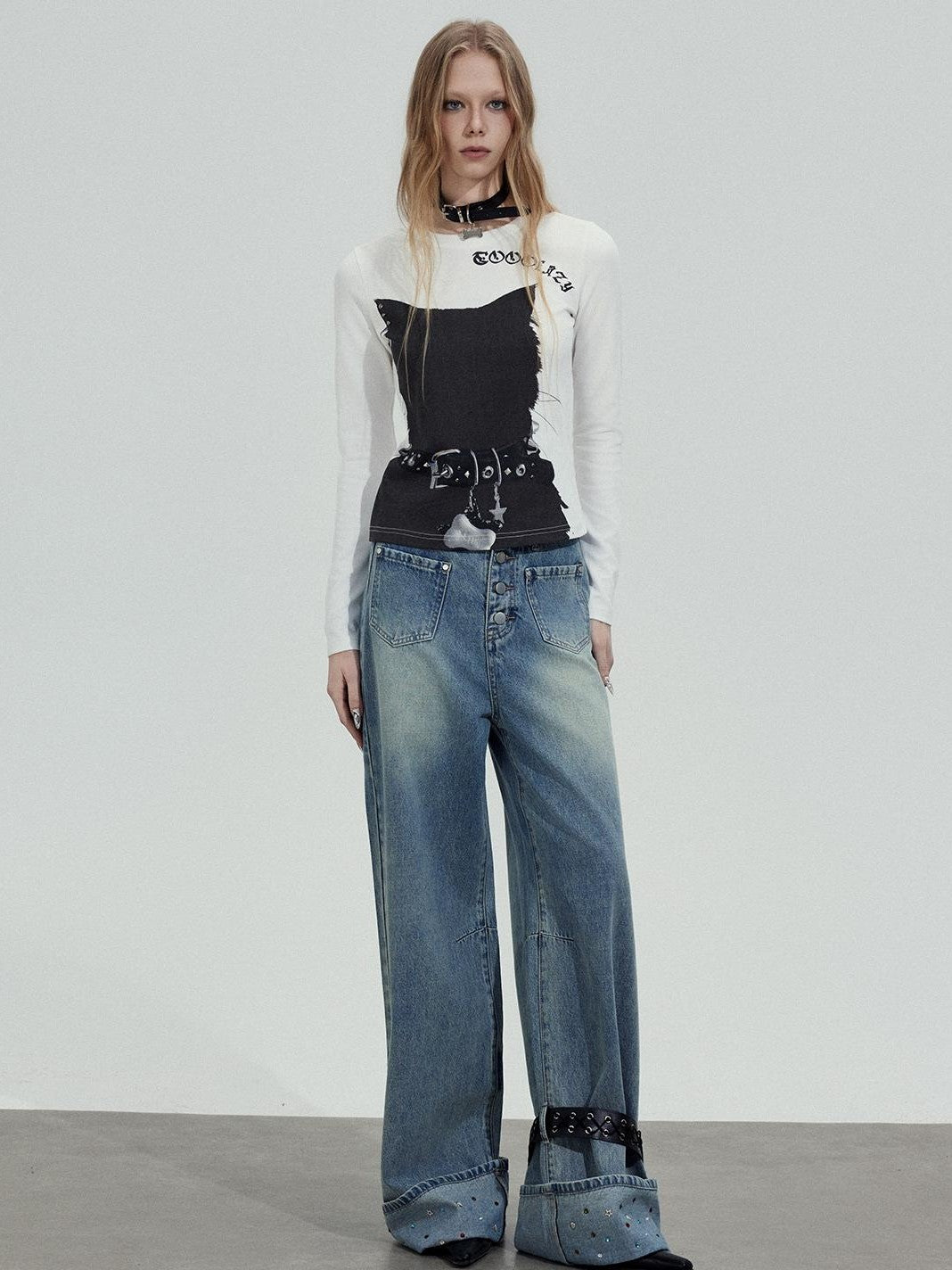 TOOOLAZY Washed Rhinestone Hem Belt Button Fly Women's Natural Waist Wide-leg Jeans