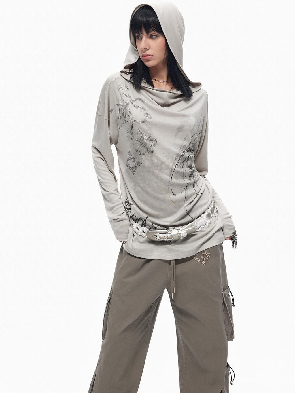 TOOOLAZY Wasteland Graffiti Hooded Drape Neck Women's Lyocell Blend Long Sleeve T-shirts