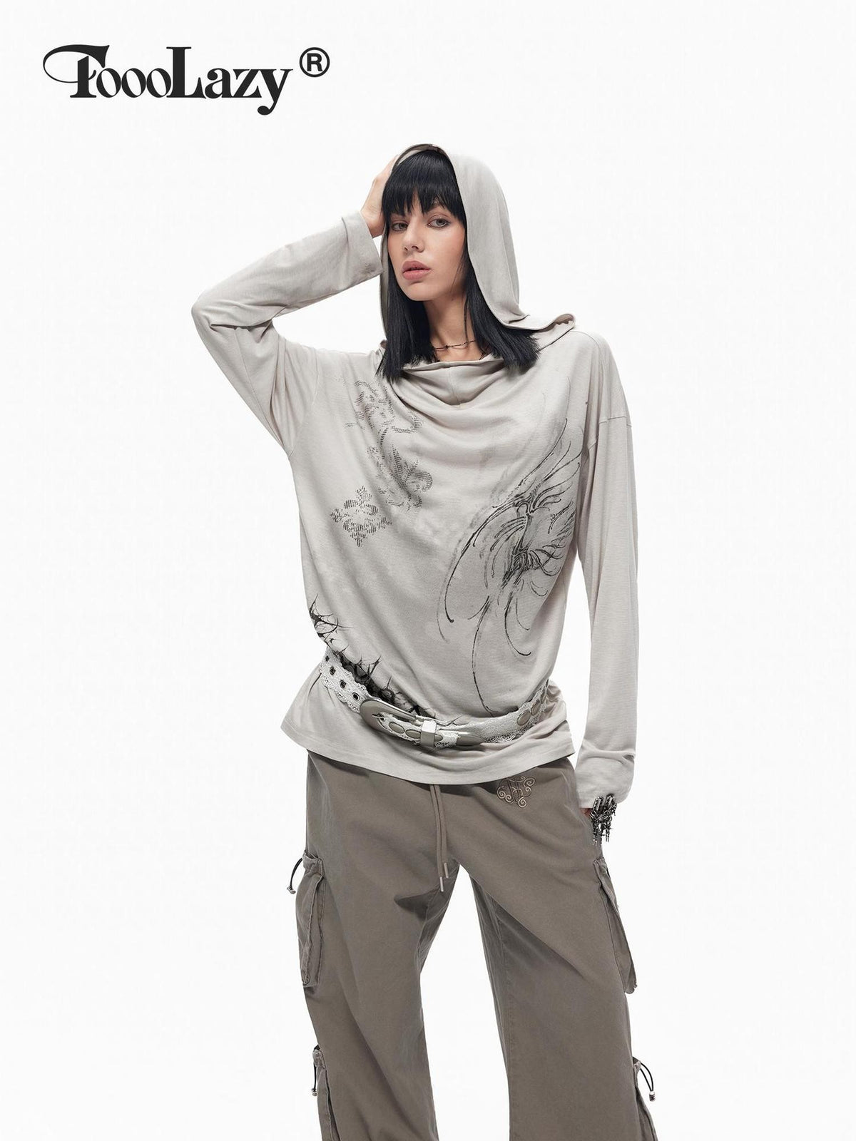 TOOOLAZY Wasteland Graffiti Hooded Drape Neck Women's Lyocell Blend Long Sleeve T-shirts