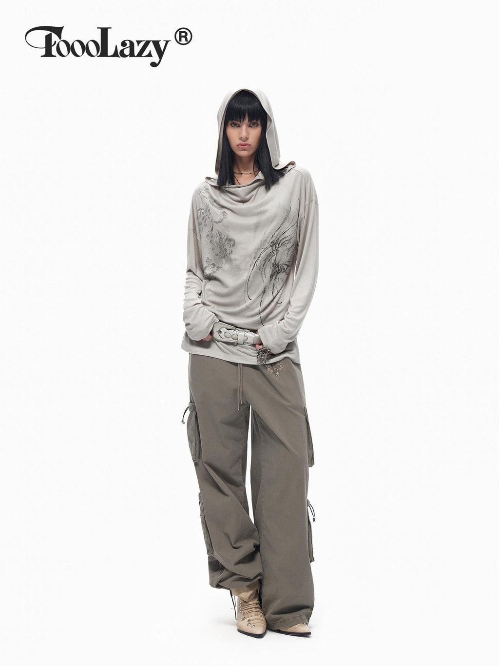TOOOLAZY Wasteland Graffiti Hooded Drape Neck Women's Lyocell Blend Long Sleeve T-shirts