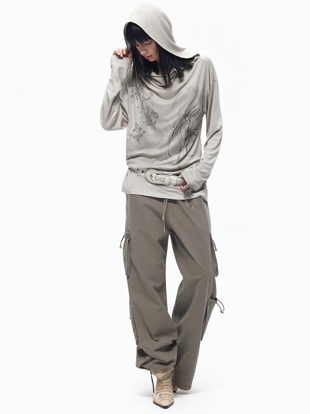 TOOOLAZY Wasteland Graffiti Hooded Drape Neck Women's Lyocell Blend Long Sleeve T-shirts