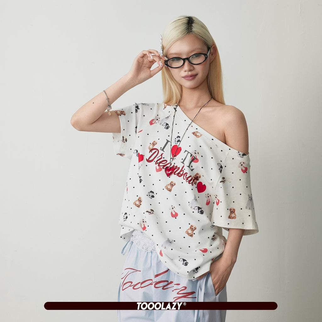TOOOLAZY_White_All_Over_Puppy_Heart_Print_Women's_Off-shoulder_T-shirts_1042028372593_MISSTT