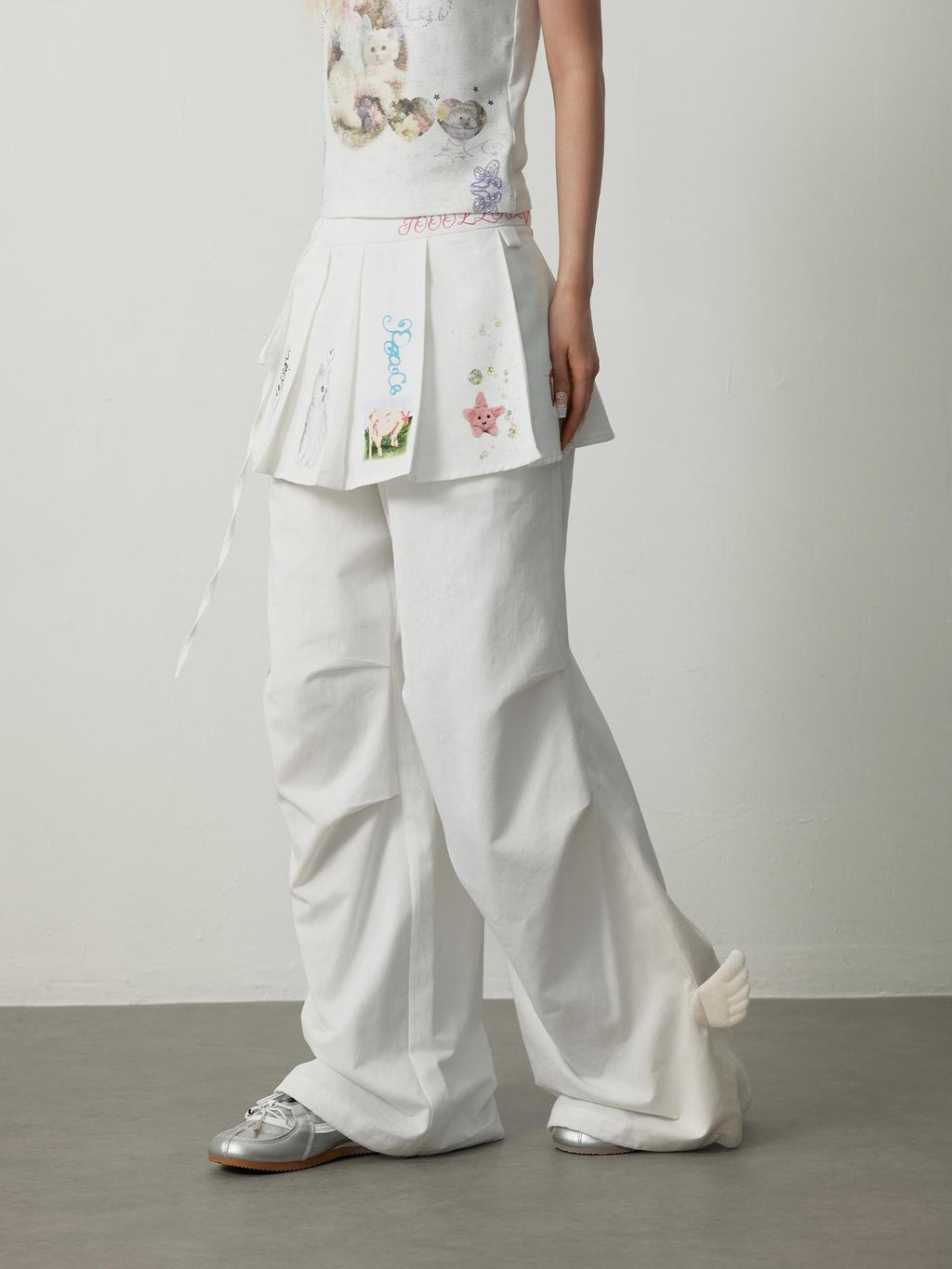 TOOOLAZY White Cat Print High Waist Drapey Wide Leg Women's Cotton Lyocell Skorts