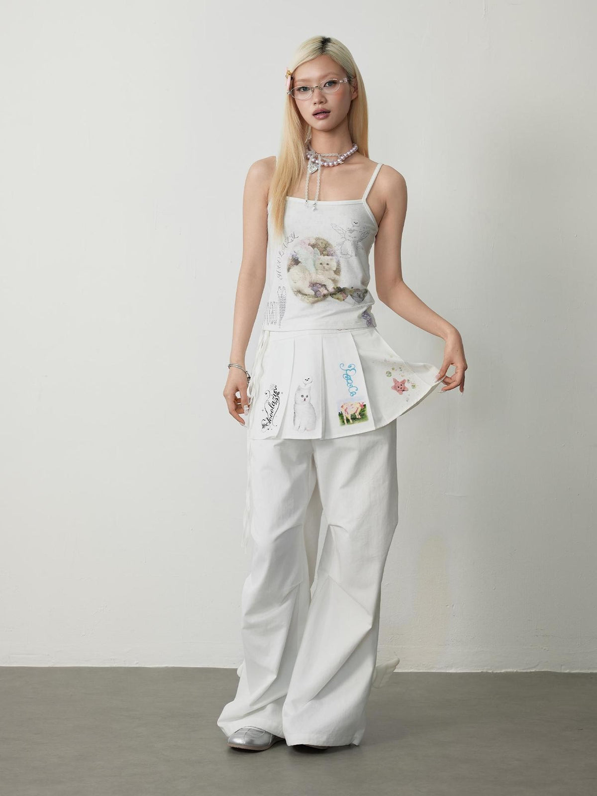 TOOOLAZY White Cat Print High Waist Drapey Wide Leg Women's Cotton Lyocell Skorts