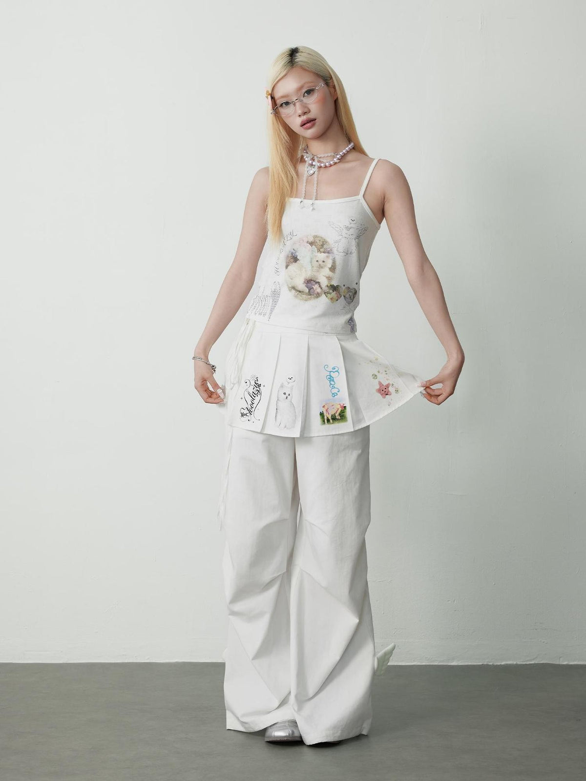 TOOOLAZY White Cat Print High Waist Drapey Wide Leg Women's Cotton Lyocell Skorts