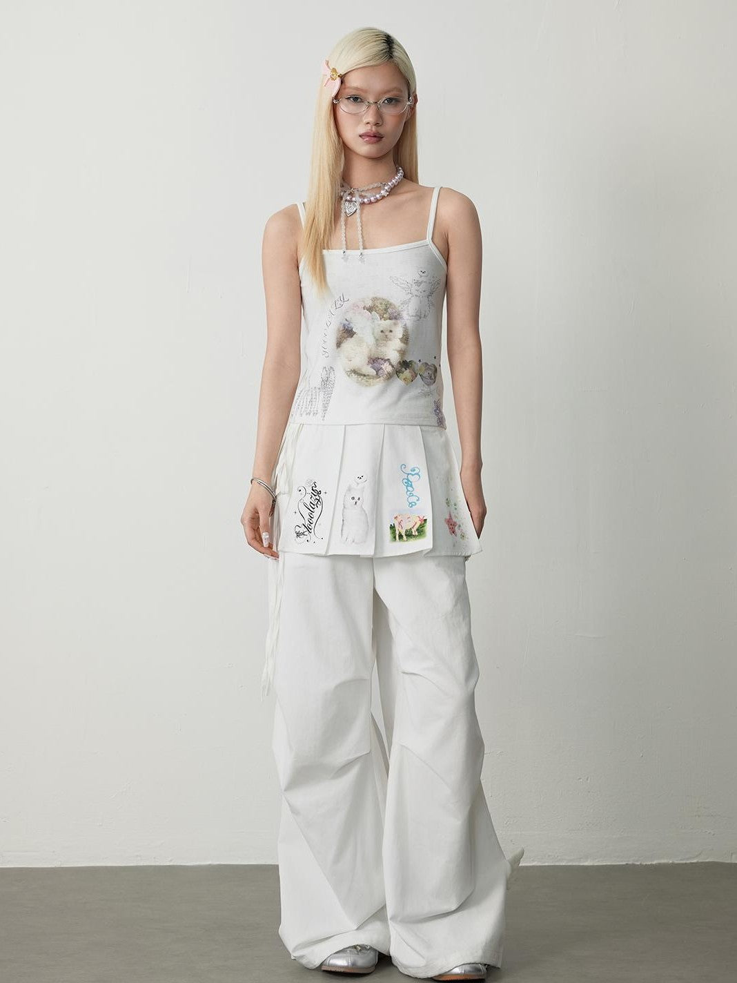 TOOOLAZY White Cat Print High Waist Drapey Wide Leg Women's Cotton Lyocell Skorts
