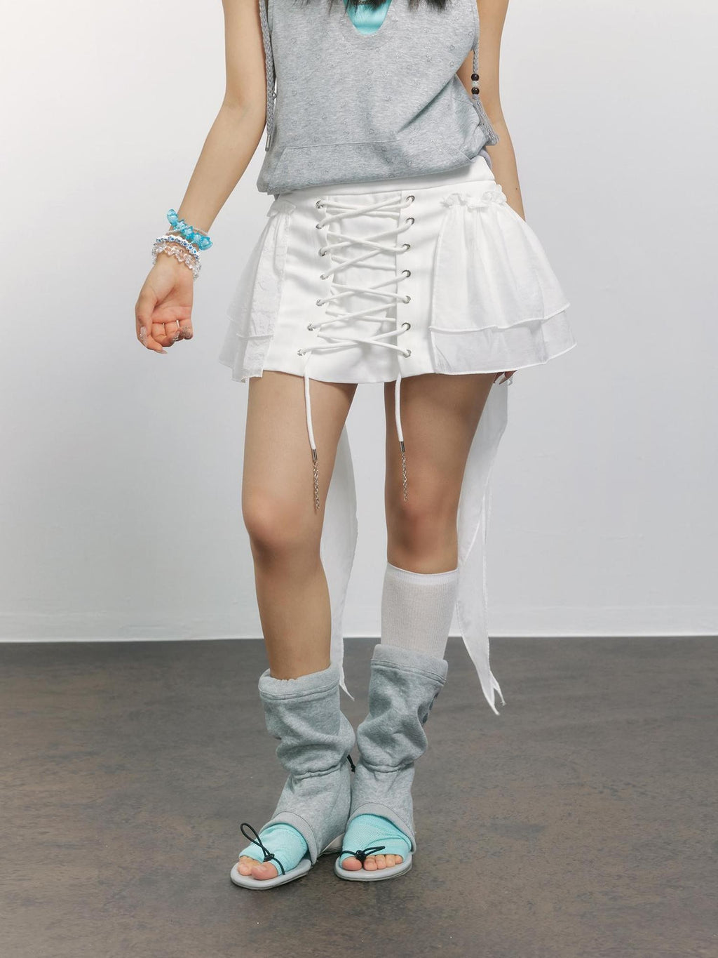 TOOOLAZY White Cross Tie Ruffle Splice Sash High Waist Women's Polyester Mini Skirts