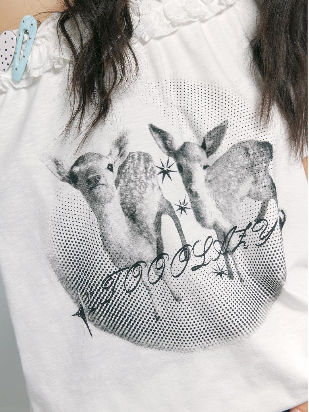 TOOOLAZY White Deer Print Lace Splice Slanted Women's Cotton Blend Off-shoulder T-shirts