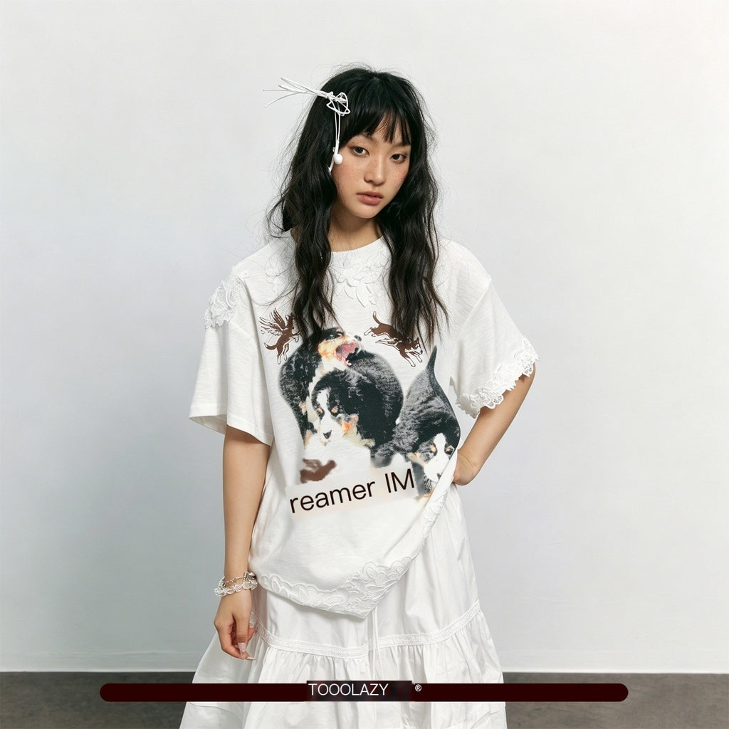 TOOOLAZY_White_Dog_Print_Lace_Splicing_Women's_Cotton_Oversized_T-shirts_1056737082649_MISSTT