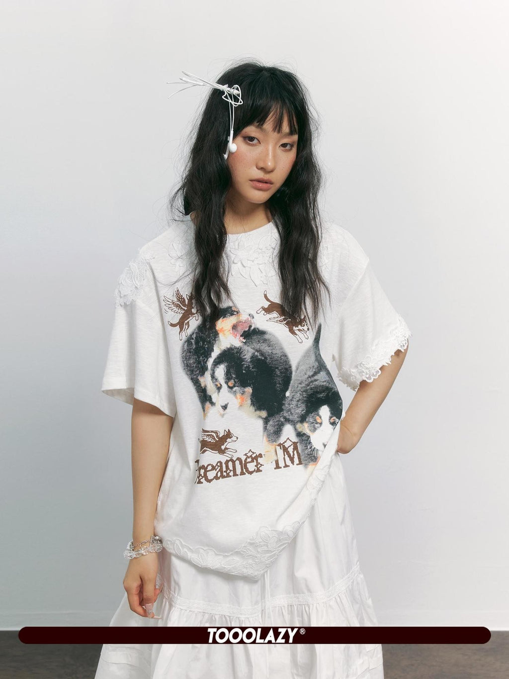 TOOOLAZY White Dog Print Lace Splicing Women's Cotton Oversized T-shirts