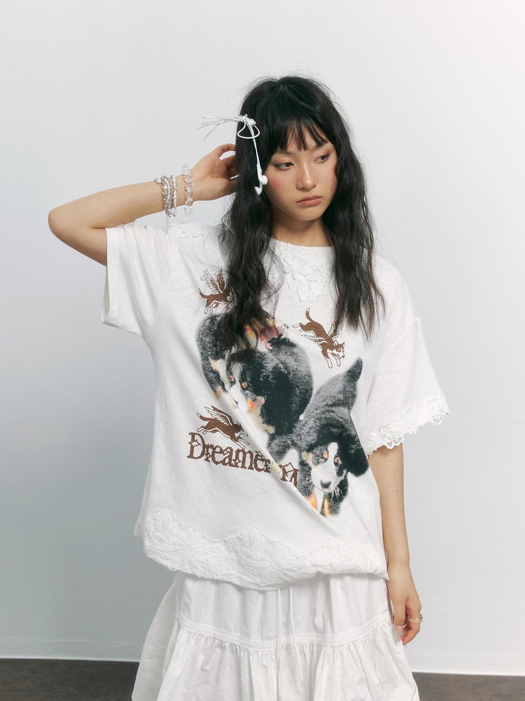 TOOOLAZY White Dog Print Lace Splicing Women's Cotton Oversized T-shirts