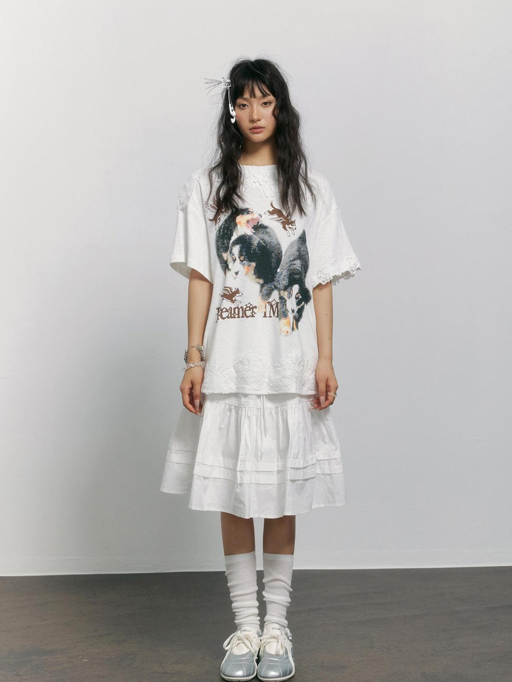 TOOOLAZY White Dog Print Lace Splicing Women's Cotton Oversized T-shirts