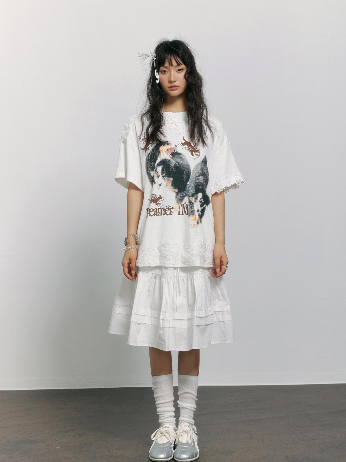 TOOOLAZY White Dog Print Lace Splicing Women's Cotton Oversized T-shirts