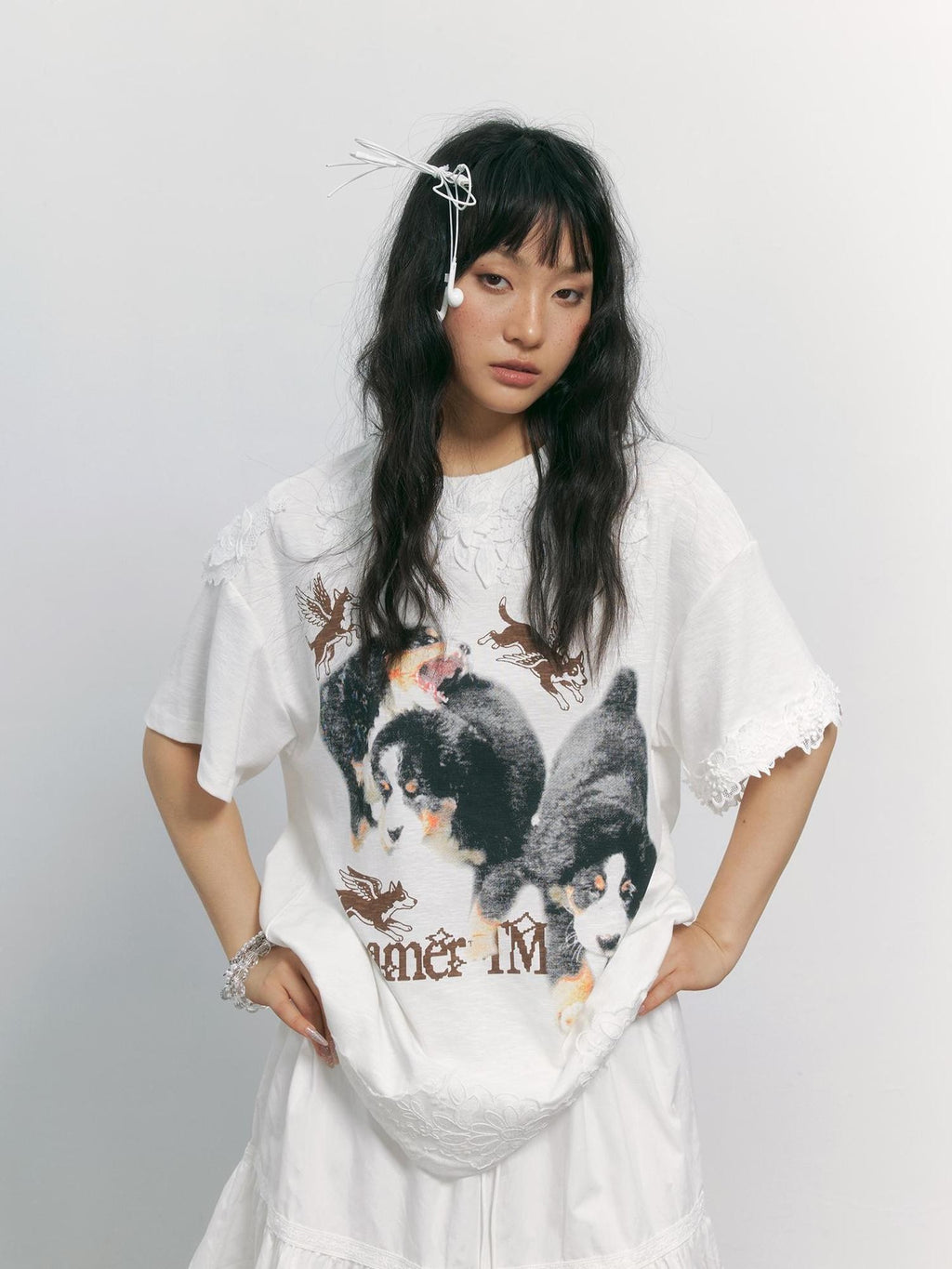 TOOOLAZY White Dog Print Lace Splicing Women's Cotton Oversized T-shirts