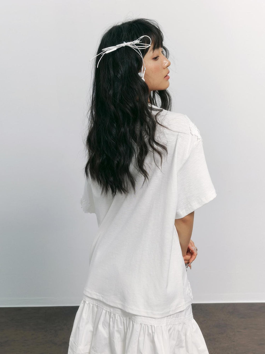TOOOLAZY White Dog Print Lace Splicing Women's Cotton Oversized T-shirts