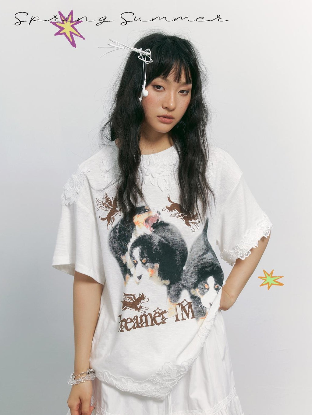 TOOOLAZY White Dog Print Lace Splicing Women's Cotton Oversized T-shirts