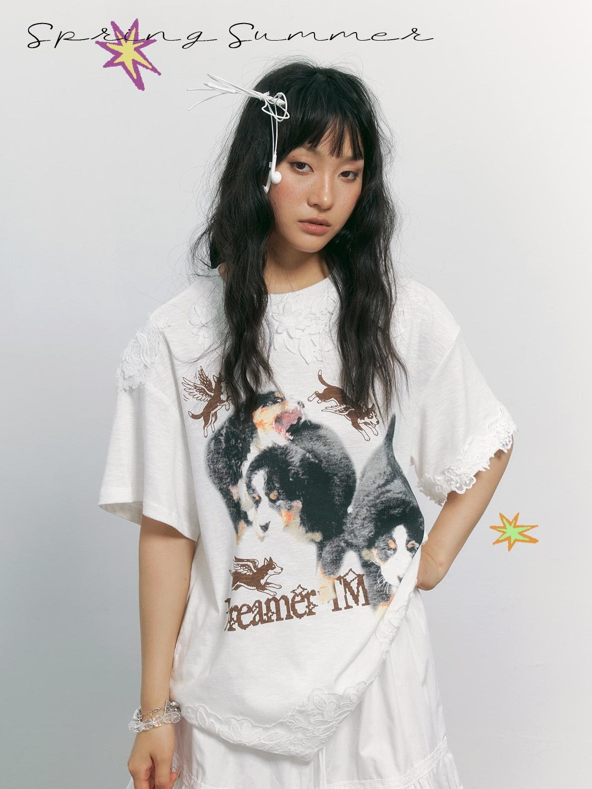 TOOOLAZY White Dog Print Lace Splicing Women's Cotton Oversized T-shirts